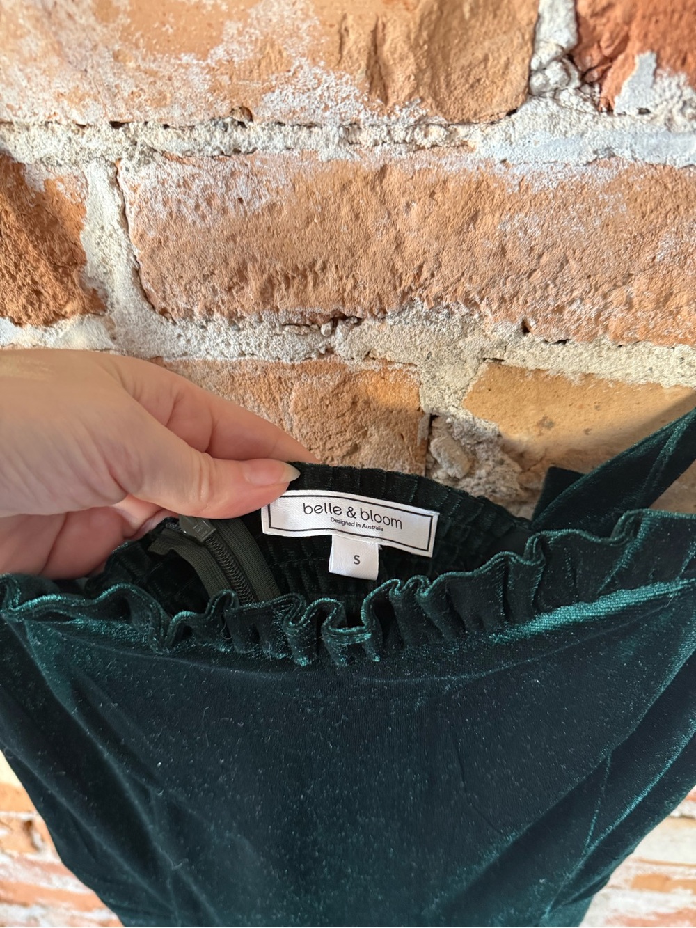 Belle & Bloom Dark Green Velvet Midi Dress with Tie Straps - Picture 5 of 5